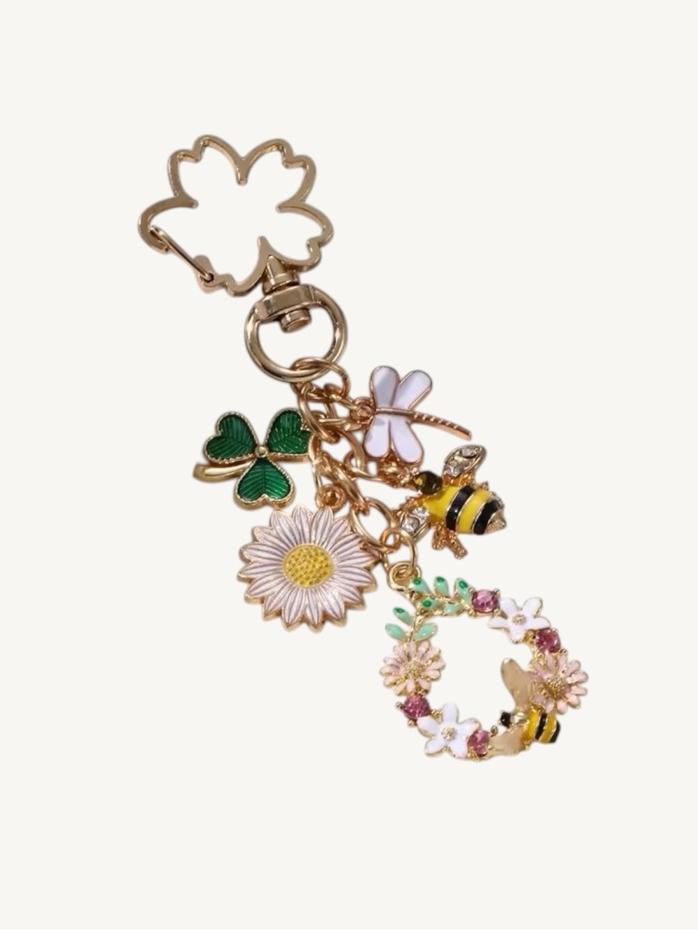 Enamel and Gold Charm Keychain Bag Charm Floral Bee Butterfly Purse Charm - Picture 5 of 16